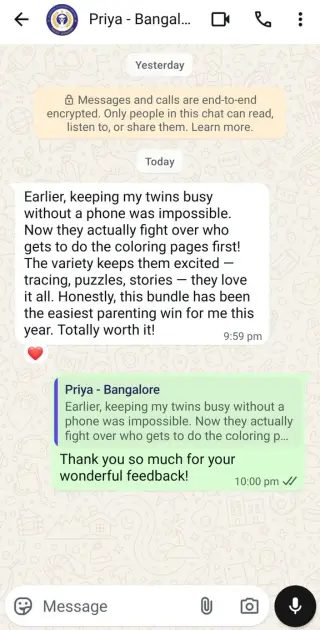 WhatsApp feedback from Priya