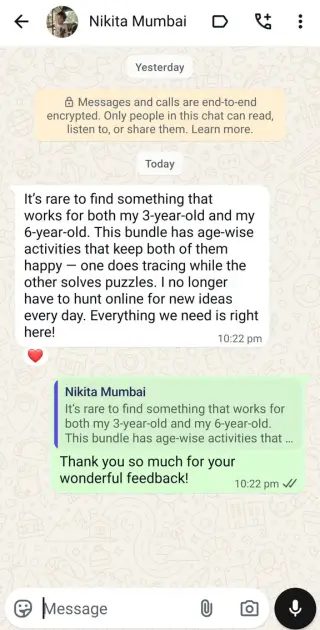 WhatsApp feedback from Shalini